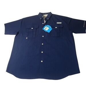 Columbia Fishing Shirt Mens Medium Navy Blue PFG Bahama II Short Sleeve UPF 50